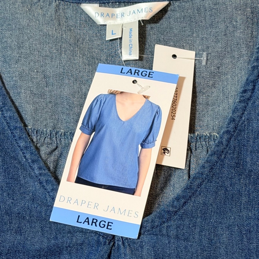 Draper James Womens‎ Blue Chambray V-Neck Puff Sleeve Blouse Top Large NWT - Picture 2 of 7